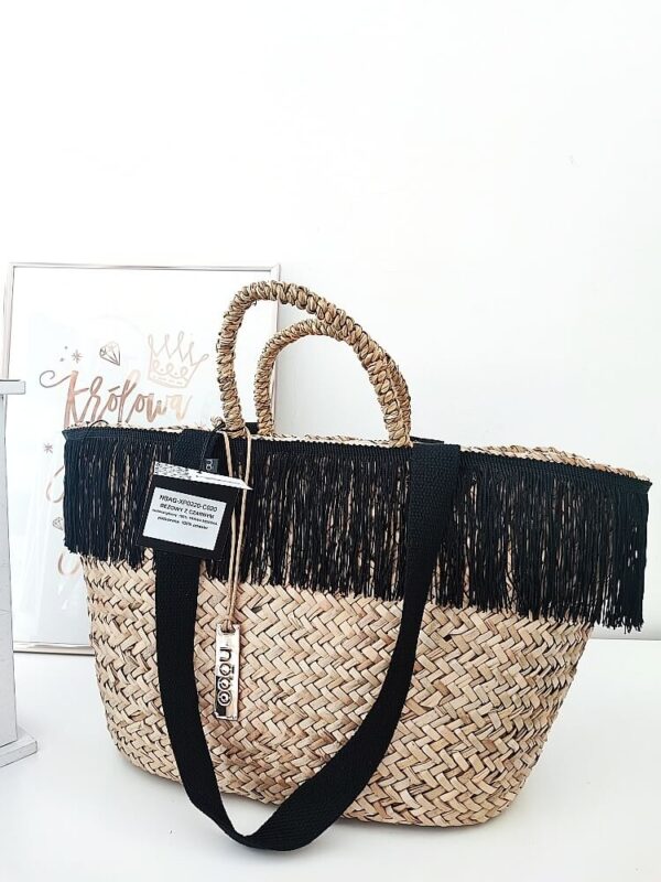 Nobo torba shopper koszyk beżowa frędzle z czarnym