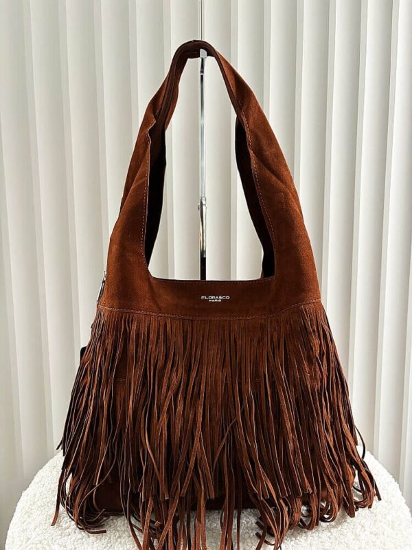 Flora&Co torba shopper na ramię ekozamsz camelowa frędzle